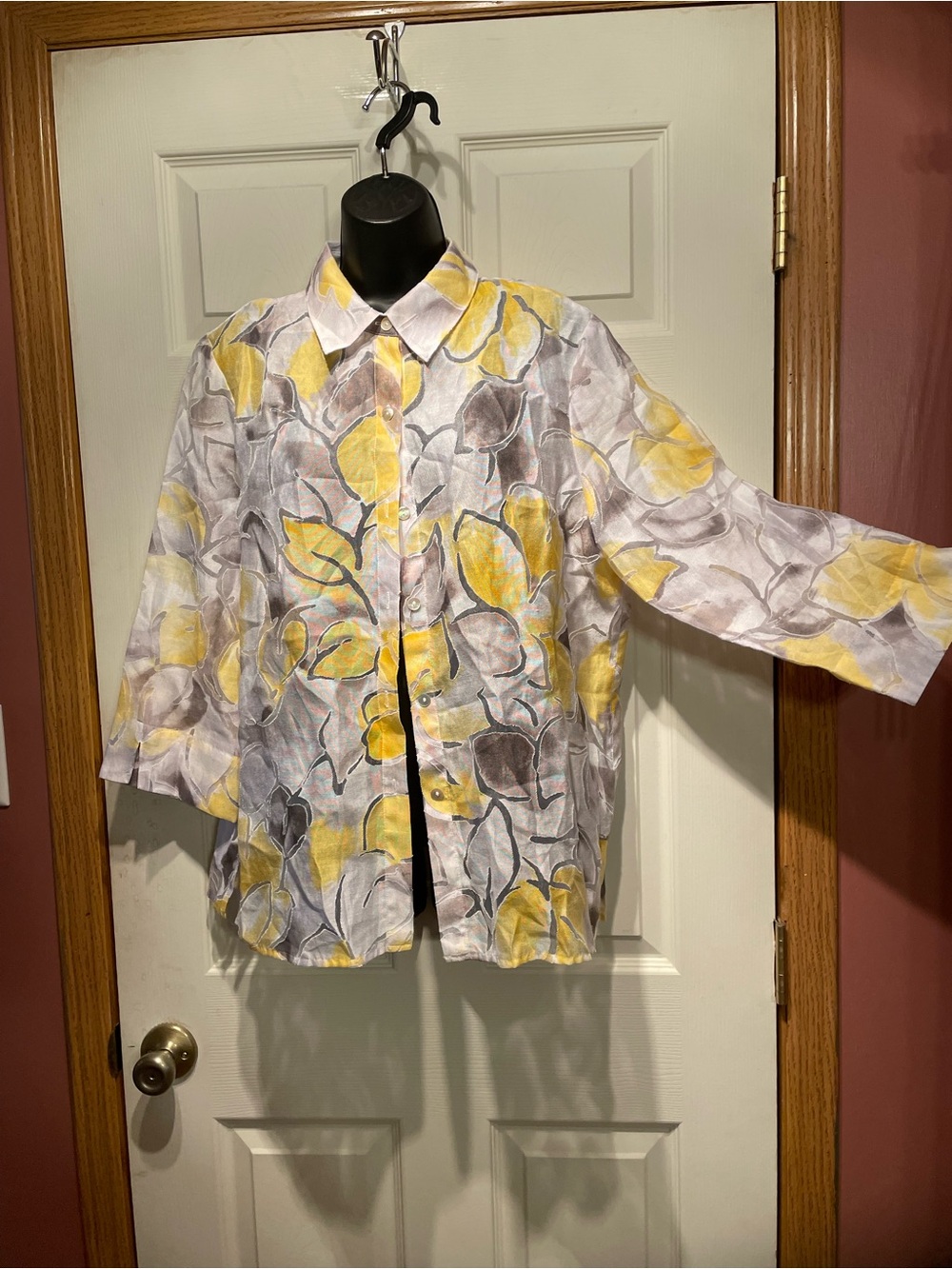 Alfred Dunner Yellow and Gray Floral Button-Down Shirt